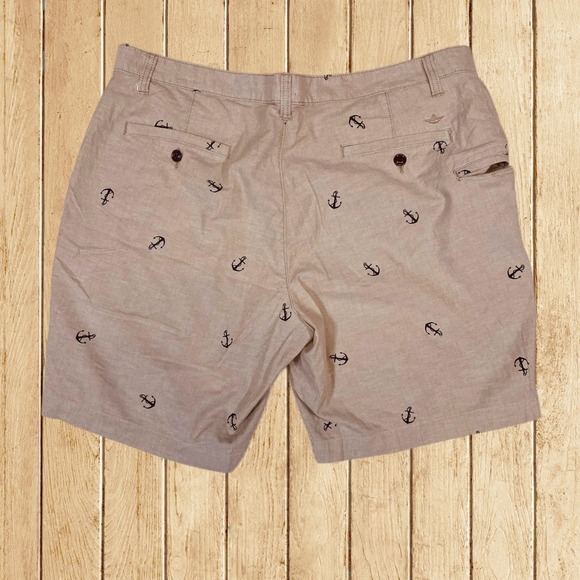 Dockers Mens Size 38W Anchor Print Shorts Tan Khaki Flat Front Nautical Summer - Picture 2 of 8